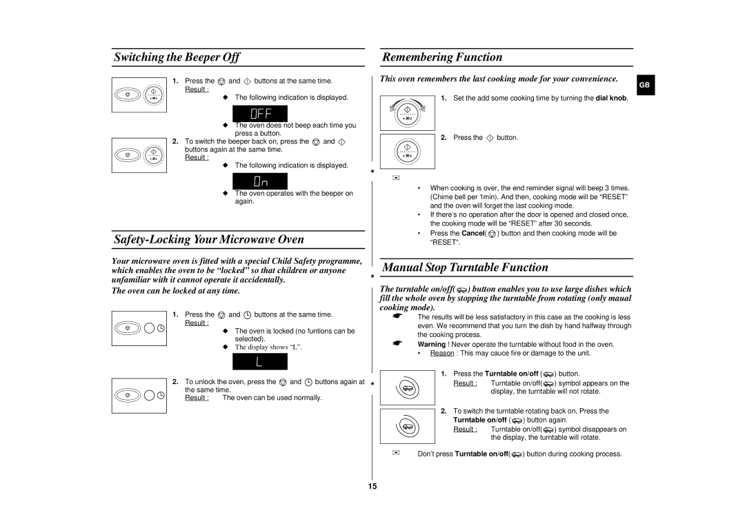 Samsung CE2977N/BOL, CE2977N-5/BOL manual Switching the Beeper Off, Safety-Locking Your Microwave Oven, Remembering Function 
