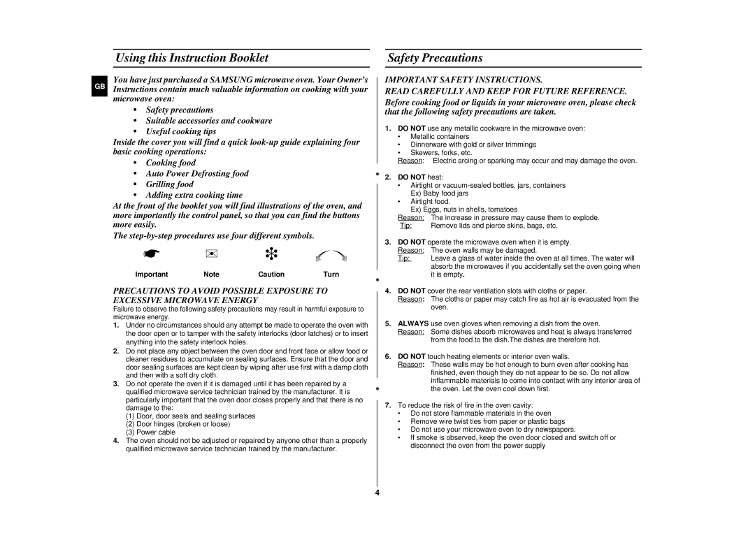 Samsung CE2977N-5/BOL, CE2977N/BOL manual Using this Instruction Booklet, Safety Precautions, Do not heat, It is empty, Turn 