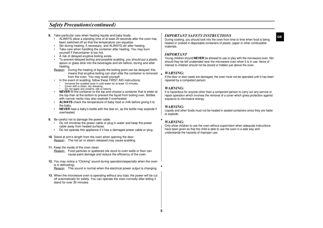 Samsung CE2977NT manual Important Safety Instructions 