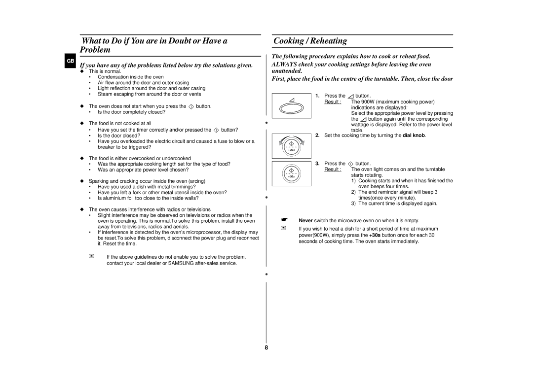 Samsung CE2977NT manual What to Do if You are in Doubt or Have a Problem, Cooking / Reheating 