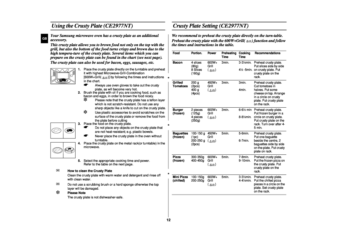 Samsung manual Using the Crusty Plate CE2977NT, Crusty Plate Setting CE2977NT 