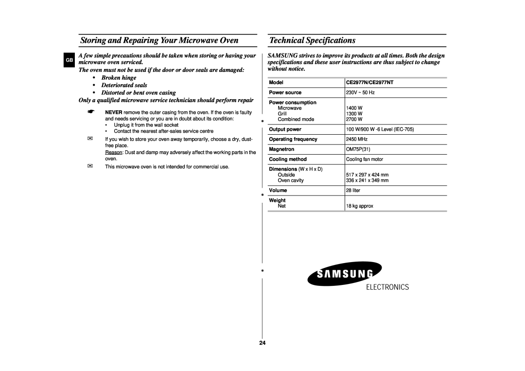 Samsung CE2977NT manual Storing and Repairing Your Microwave Oven, Technical Specifications 