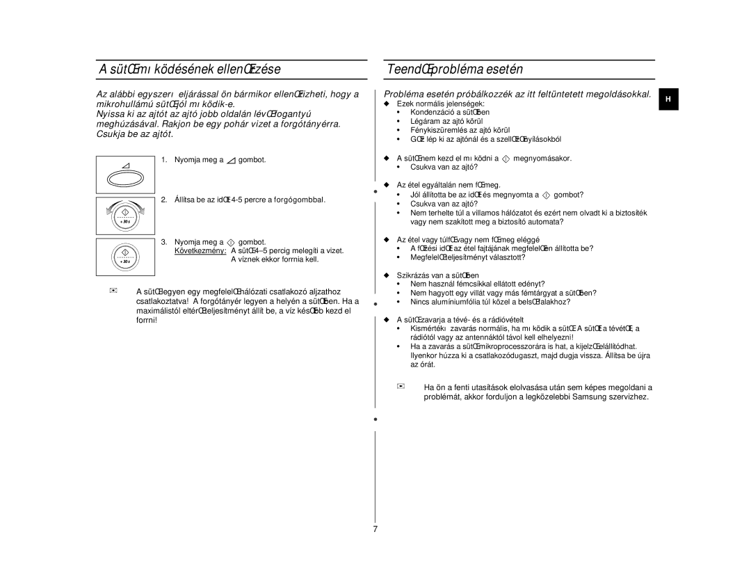 Samsung CE2977NT/XEH, CE2977ND/XEH manual SütŒ mıködésének ellenŒrzése, TeendŒ probléma esetén 