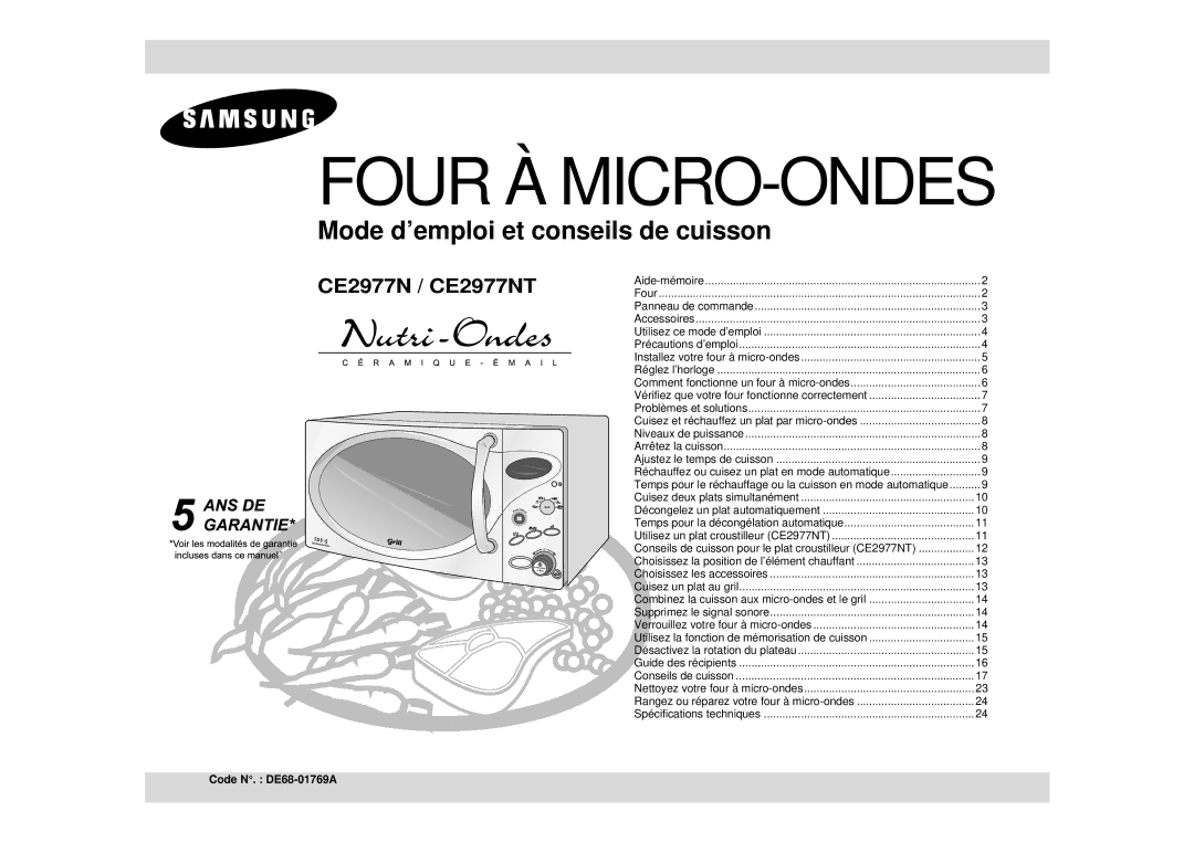 Samsung CE2977NT/XEF, CE2977NT-S/XEF, CE2977N/XEF manual Four À MICRO-ONDES, Code N. DE68-01769A 