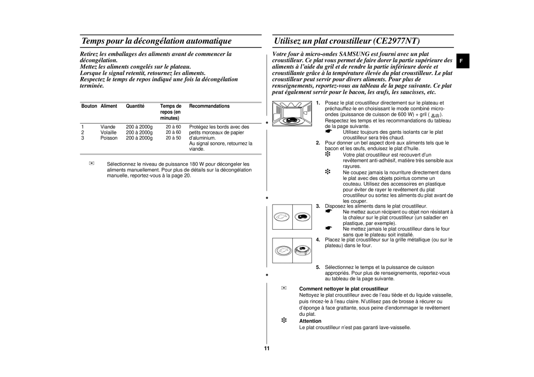 Samsung CE2977N/XEF manual Temps pour la décongélation automatique, Utilisez un plat croustilleur CE2977NT, Volaille 