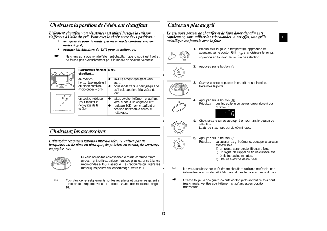 Samsung CE2977NT/XEF Choisissez la position de l’élément chauffant, Choisissez les accessoires, Cuisez un plat au gril 