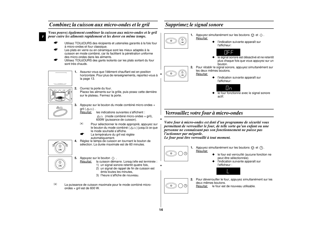 Samsung CE2977N/XEF, CE2977NT-S/XEF manual Combinez la cuisson aux micro-ondes et le gril, Supprimez le signal sonore 