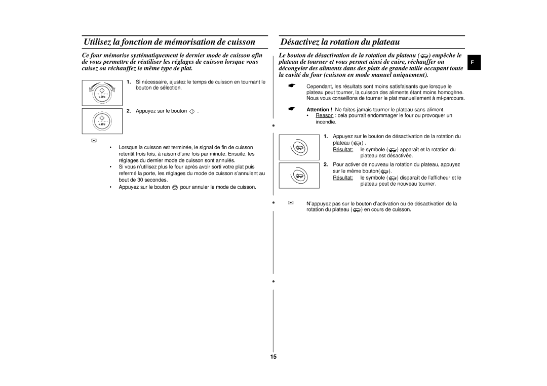 Samsung CE2977NT-S/XEF, CE2977NT/XEF Utilisez la fonction de mémorisation de cuisson, Désactivez la rotation du plateau 