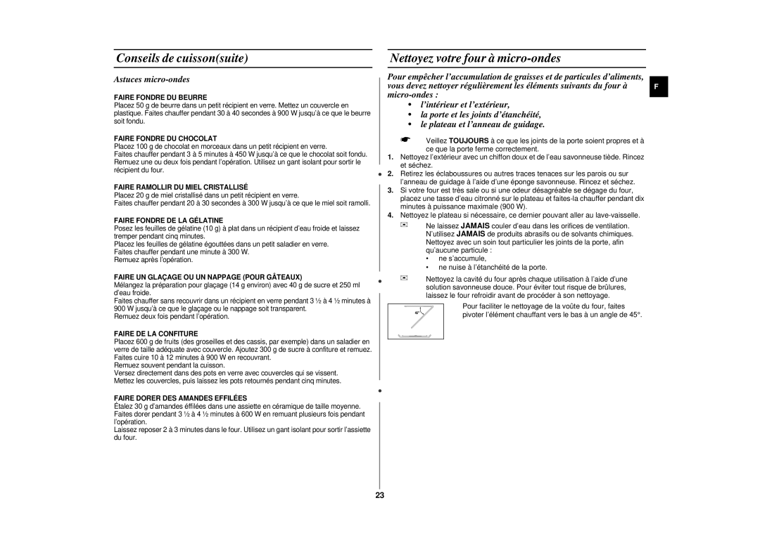 Samsung CE2977N/XEF, CE2977NT-S/XEF, CE2977NT/XEF manual Nettoyez votre four à micro-ondes, Astuces micro-ondes 