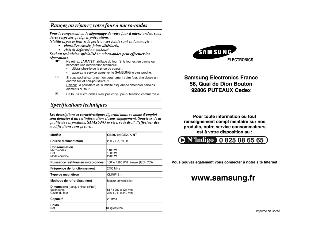 Samsung CE2977NT-S/XEF, CE2977NT/XEF, CE2977N/XEF Rangez ou réparez votre four à micro-ondes, Spécifications techniques 