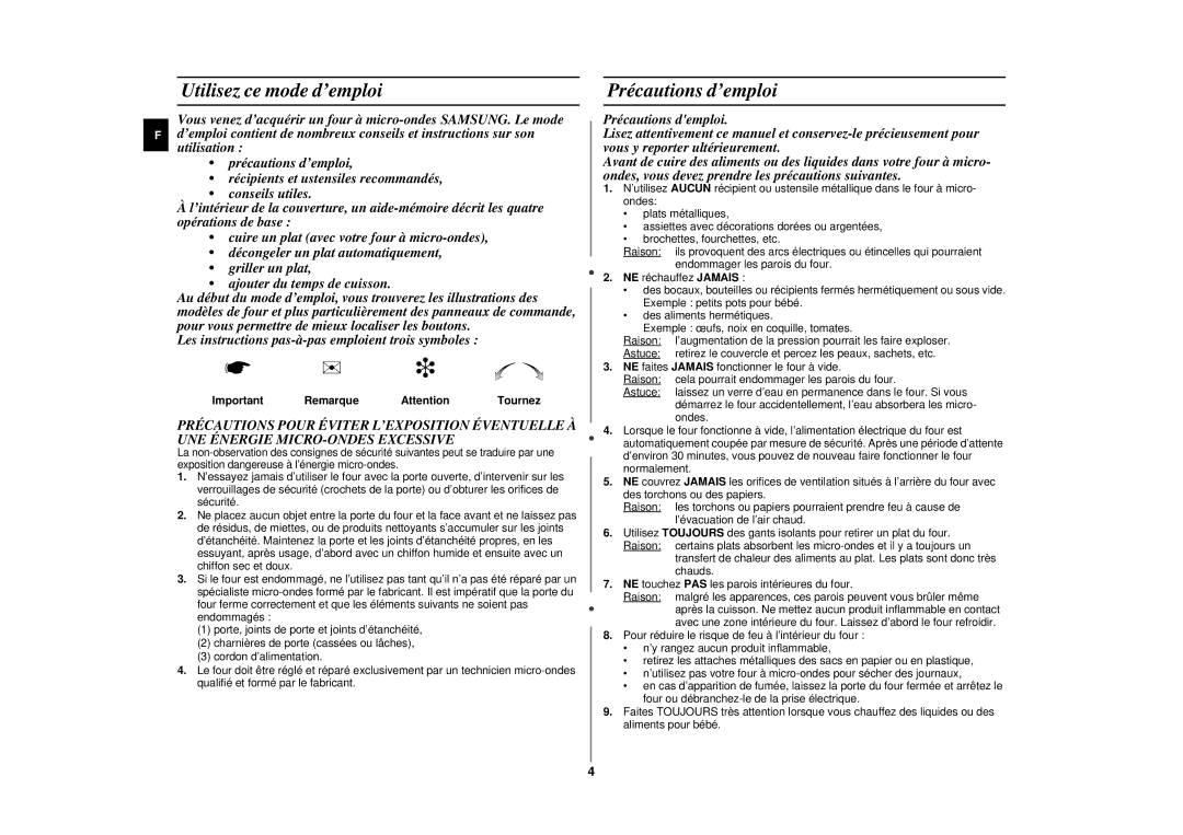 Samsung CE2977NT/XEF, CE2977NT-S/XEF, CE2977N/XEF manual Utilisez ce mode d’emploi, Précautions d’emploi, Remarque, Tournez 