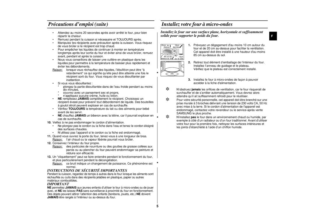 Samsung CE2977N/XEF Précautions d’emploi suite, Installez votre four à micro-ondes, Instructions DE SÉ Curité Importantes 