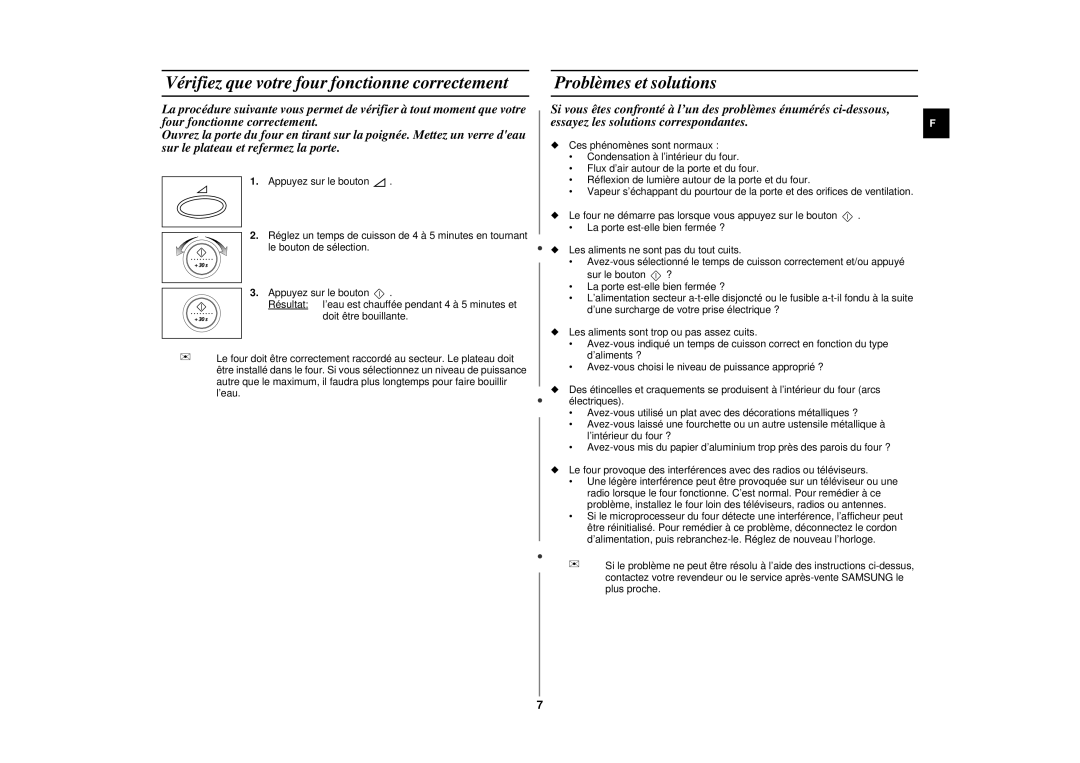 Samsung CE2977NT/XEF, CE2977NT-S/XEF, CE2977N/XEF Vérifiez que votre four fonctionne correctement, Problèmes et solutions 