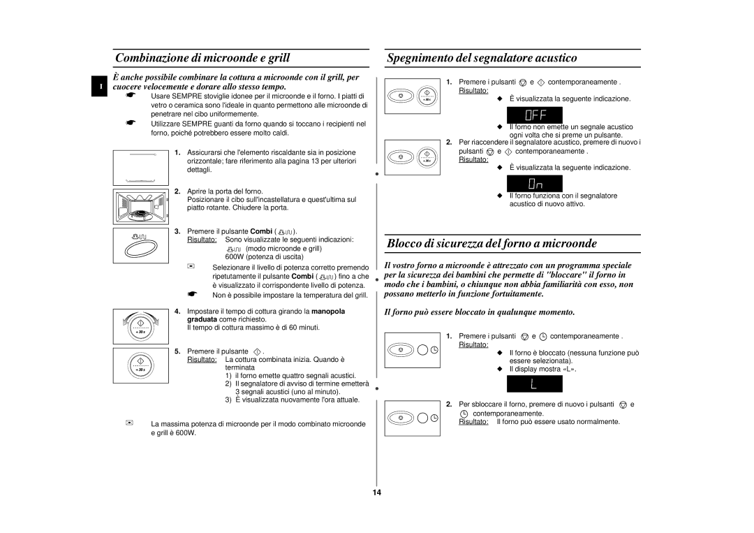 Samsung CE2977NT-S/XET manual Combinazione di microonde e grill, Spegnimento del segnalatore acustico 