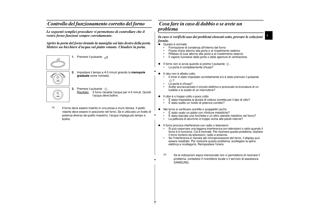 Samsung CE2977NT-S/XET Controllo del funzionamento corretto del forno, Cosa fare in caso di dubbio o se avete un problema 