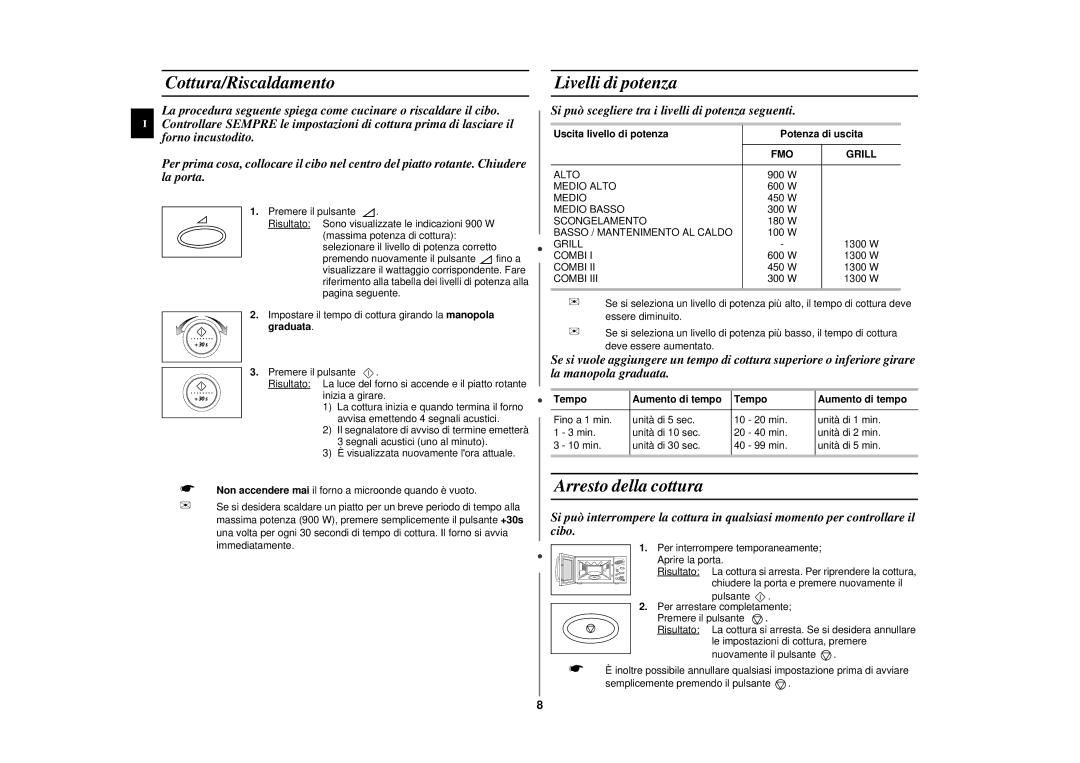 Samsung CE2977NT-S/XET manual Cottura/Riscaldamento, Livelli di potenza, Arresto della cottura, Tempo Aumento di tempo 