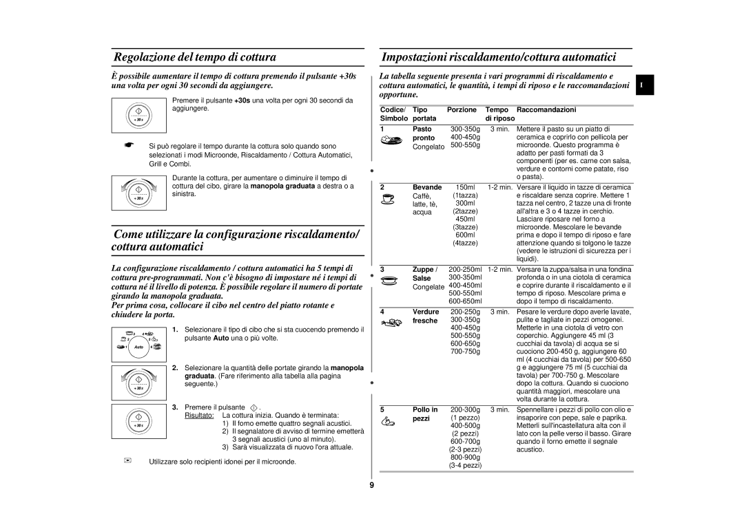 Samsung CE2977NT-S/XET manual Regolazione del tempo di cottura, Impostazioni riscaldamento/cottura automatici 