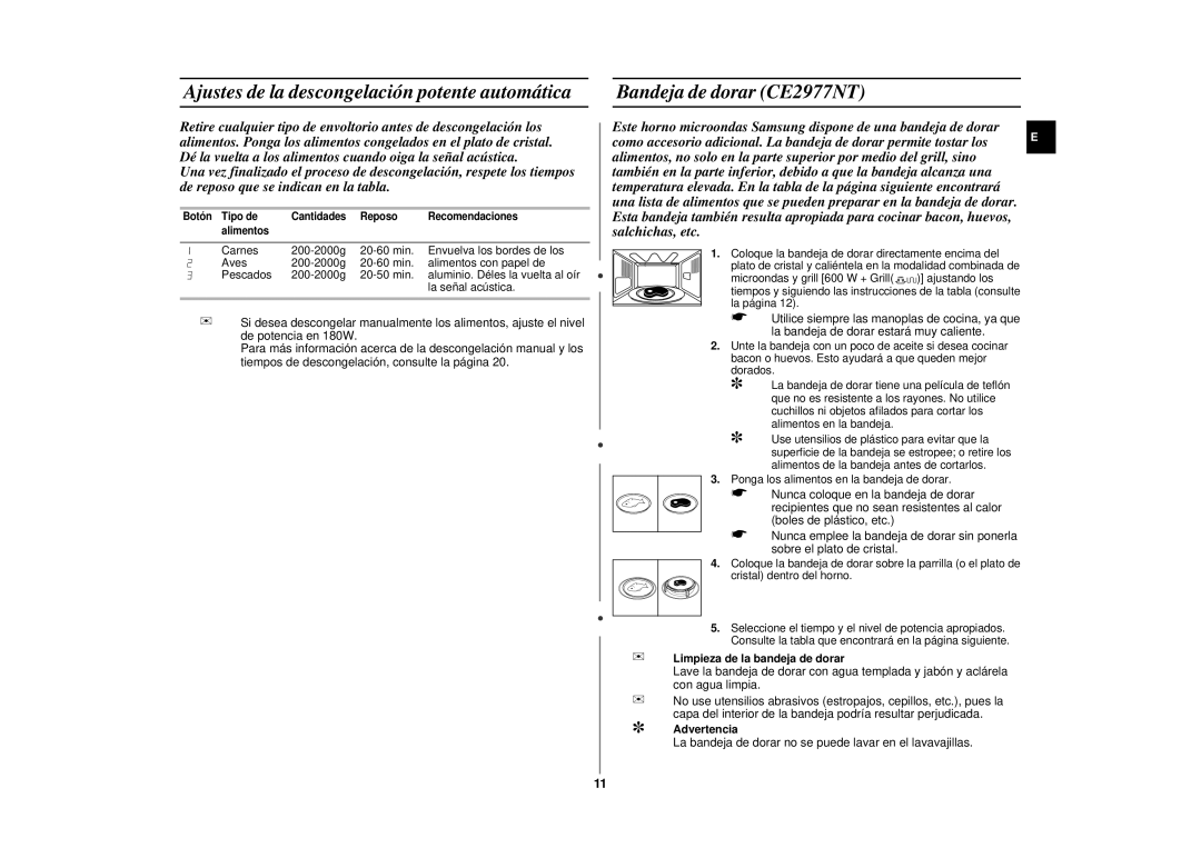 Samsung CE2977N-S/XEC, CE2977N/XEC manual Ajustes de la descongelación potente automática, Bandeja de dorar CE2977NT 