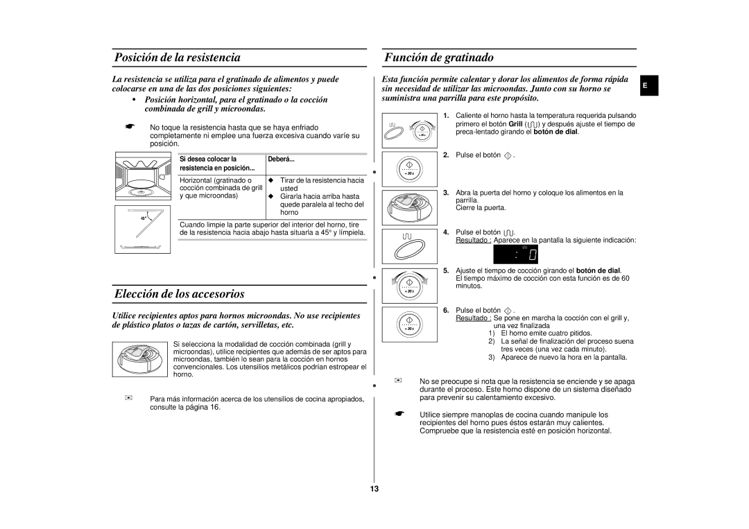 Samsung CE2977N-S/XEC, CE2977N/XEC manual Posición de la resistencia Función de gratinado, Elección de los accesorios 