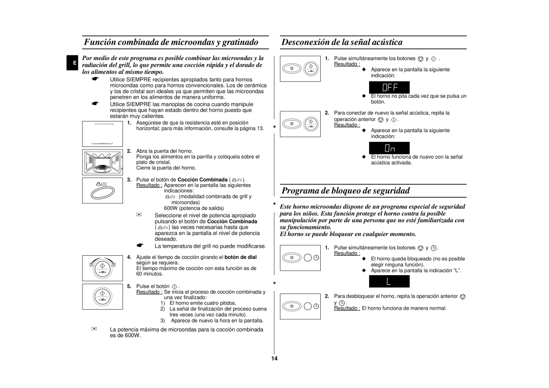 Samsung CE2977N/XEC, CE2977N-S/XEC manual Función combinada de microondas y gratinado, Desconexión de la señal acústica 