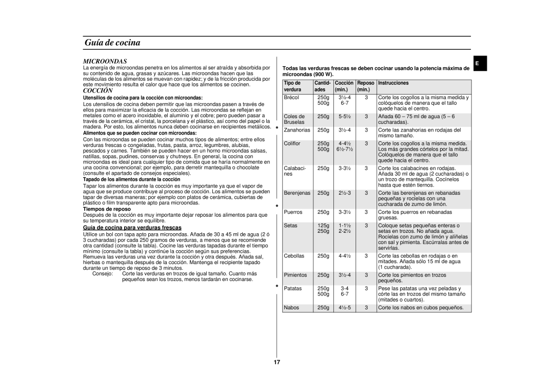 Samsung CE2977N-S/XEC, CE2977N/XEC manual Microondas, Cocción, Tiempos de reposo, Guía de cocina para verduras frescas 