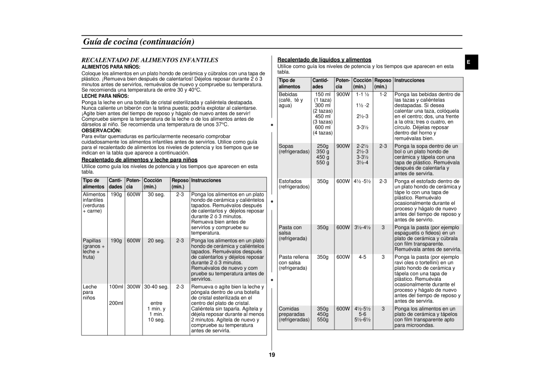 Samsung CE2977N-S/XEC manual Recalentado DE Alimentos Infantiles, Observación, Recalentado de alimentos y leche para niños 