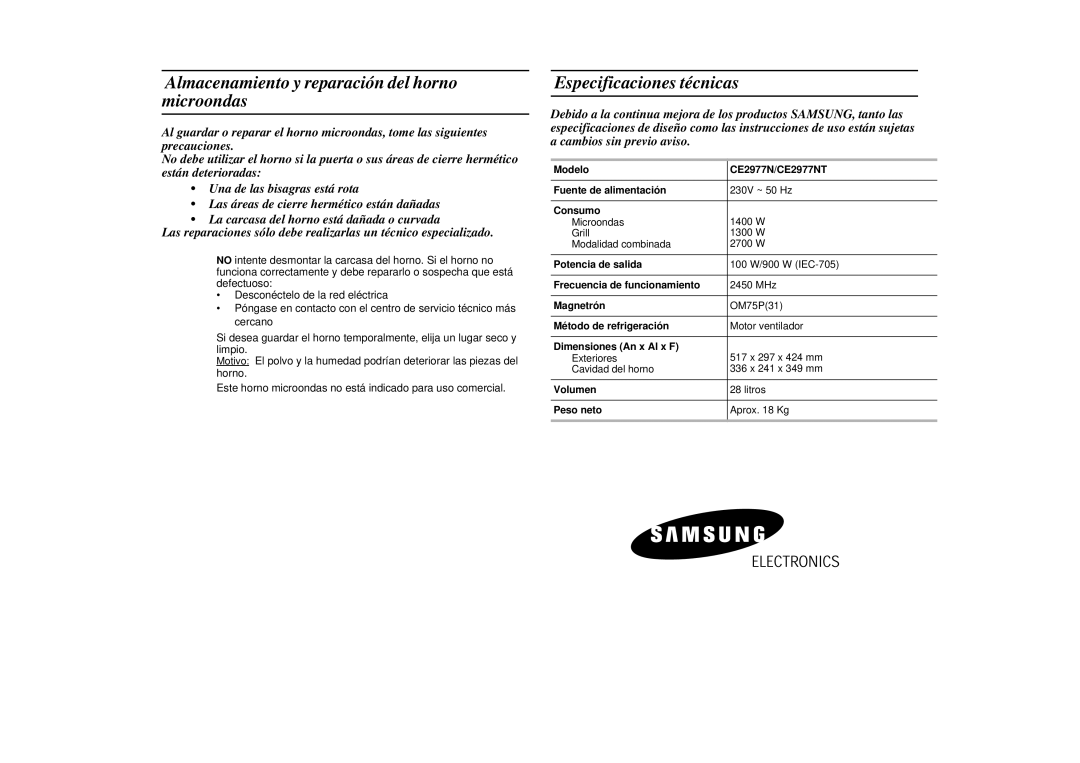 Samsung CE2977N/XEC, CE2977N-S/XEC manual Almacenamiento y reparación del horno microondas, Especificaciones técnicas 