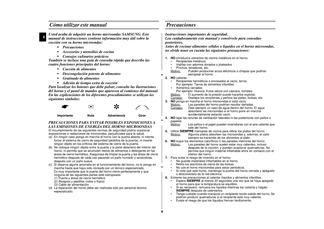 Samsung CE2977N/XEC, CE2977N-S/XEC Cómo utilizar este manual, Precauciones, Importante Nota Advertencia 