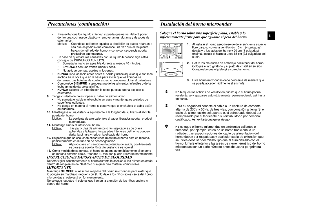 Samsung CE2977N-S/XEC Precauciones continuación Instalación del horno microondas, Instrucciones Importantes DE Seguridad 