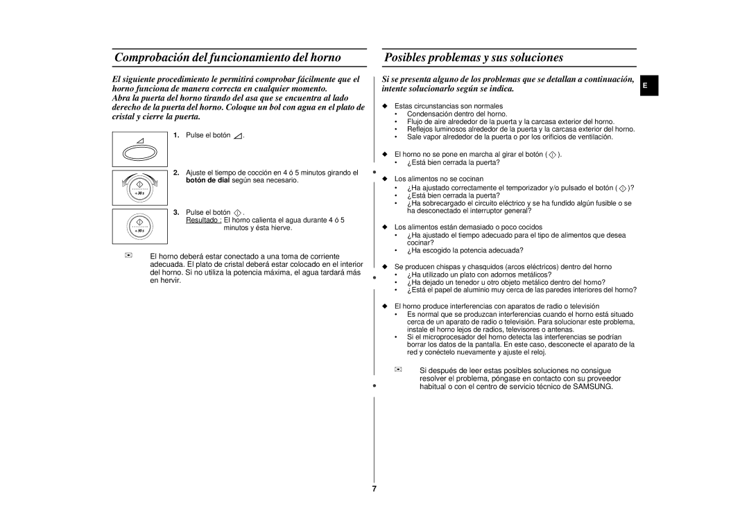 Samsung CE2977N-S/XEC, CE2977N/XEC manual Comprobación del funcionamiento del horno, Posibles problemas y sus soluciones 