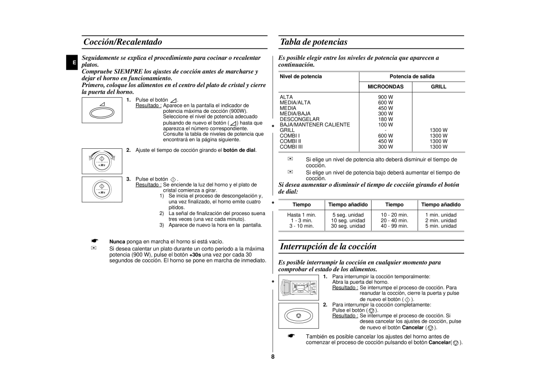 Samsung CE2977N/XEC, CE2977N-S/XEC Cocción/Recalentado, Tabla de potencias, Interrupción de la cocción, Microondas Grill 