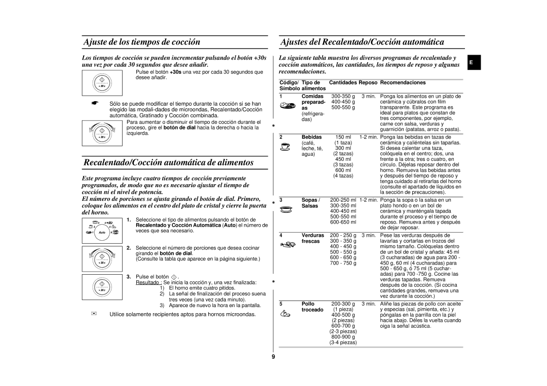 Samsung CE2977N-S/XEC, CE2977N/XEC manual Ajuste de los tiempos de cocción, Recalentado/Cocción automática de alimentos 