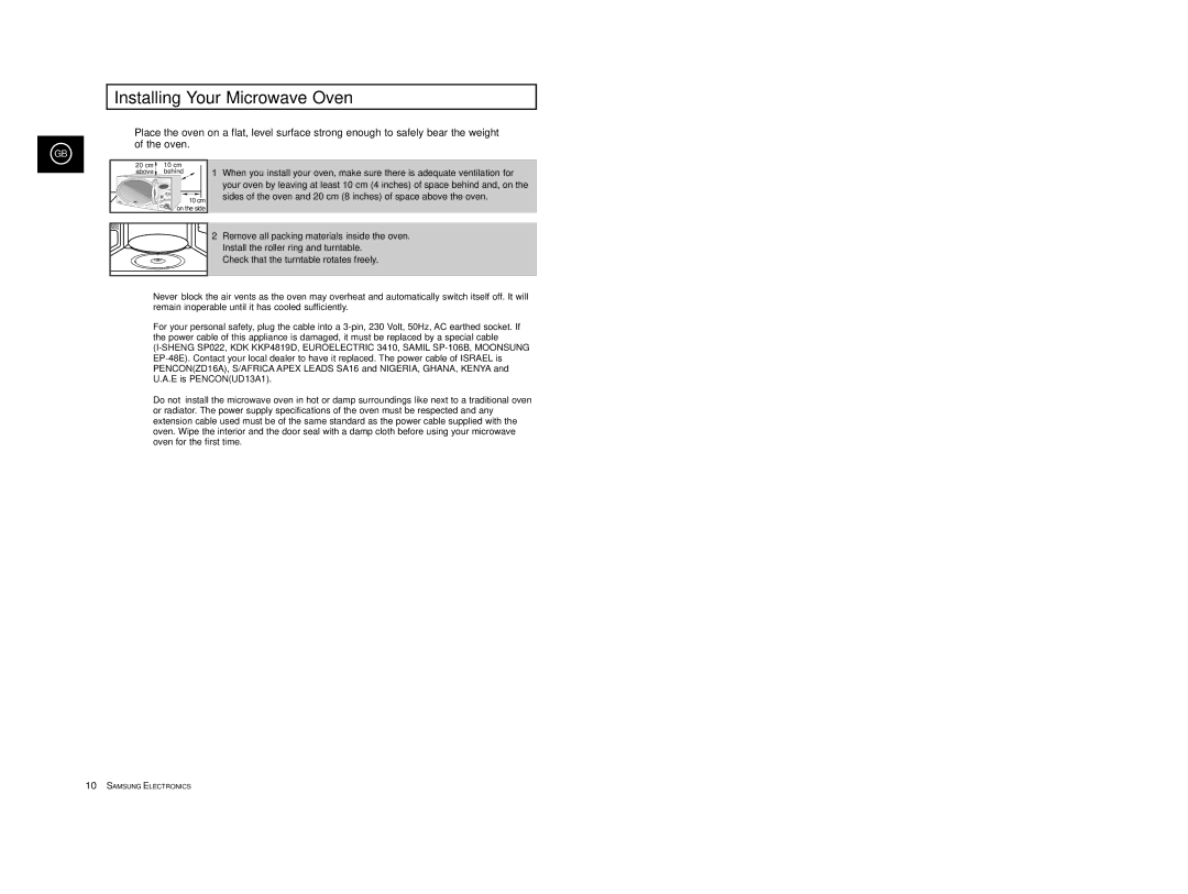 Samsung CE2977T/XEF, CE2977/XEF, CE2977T-S/XEF, CE2977/XET, CE2977T/XEH manual Installing Your Microwave Oven 