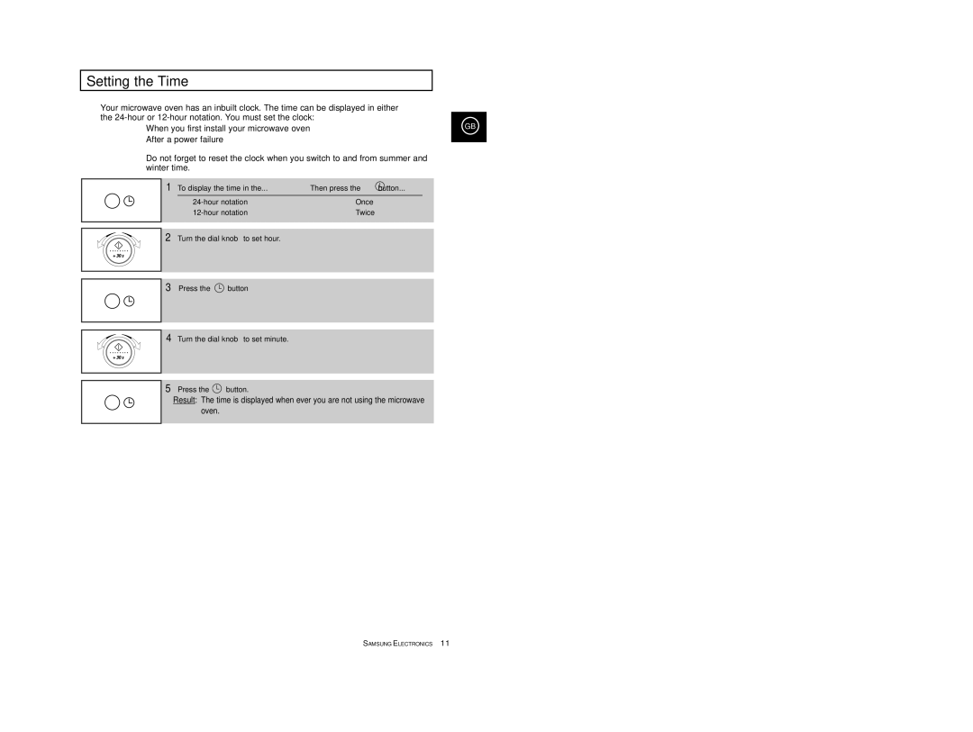 Samsung CE2977/XEF, CE2977T/XEF, CE2977T-S/XEF, CE2977/XET manual Setting the Time, To display the time Then press Button 