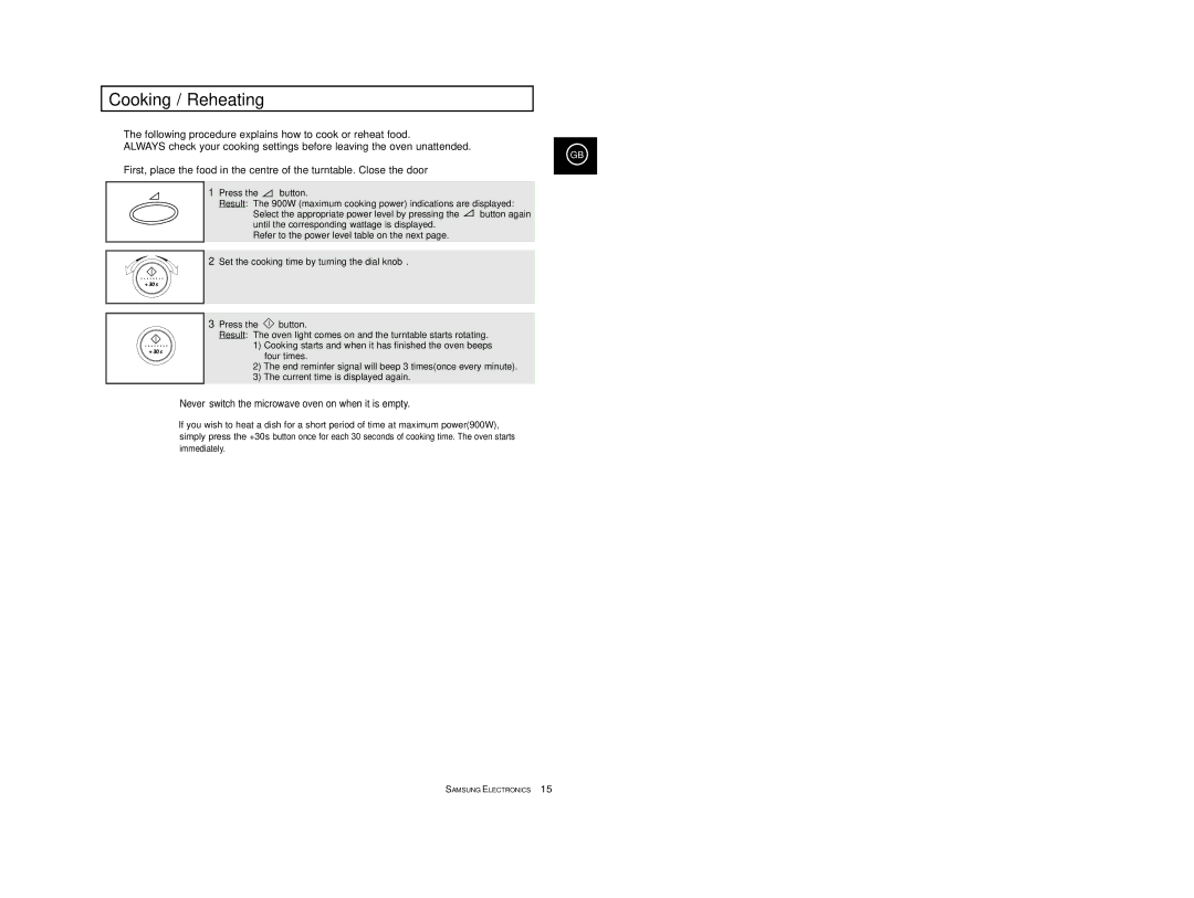 Samsung CE2977T/XEF, CE2977/XEF, CE2977T-S/XEF Cooking / Reheating, Never switch the microwave oven on when it is empty 