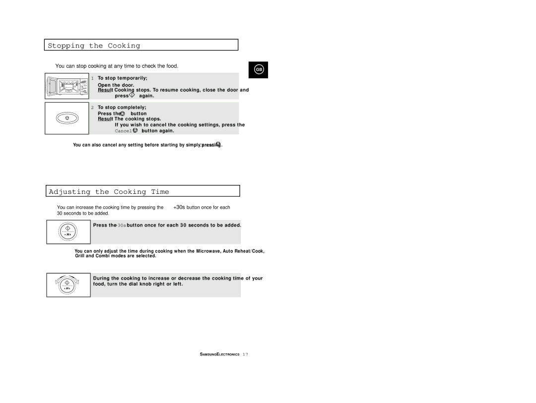 Samsung CE2977T-S/XEF, CE2977T/XEF, CE2977/XEF, CE2977/XET, CE2977T/XEH manual Stopping the Cooking, Adjusting the Cooking Time 