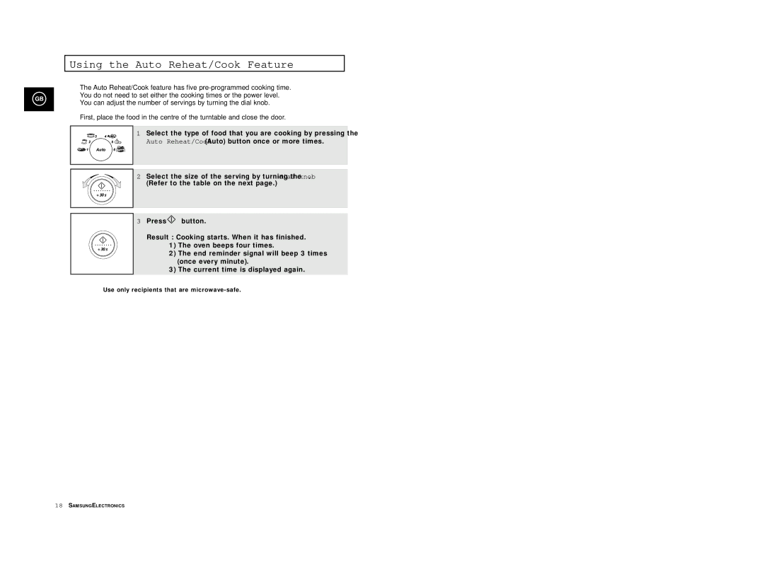 Samsung CE2977/XET, CE2977T/XEF, CE2977/XEF, CE2977T-S/XEF, CE2977T/XEH manual Using the Auto Reheat/Cook Feature 