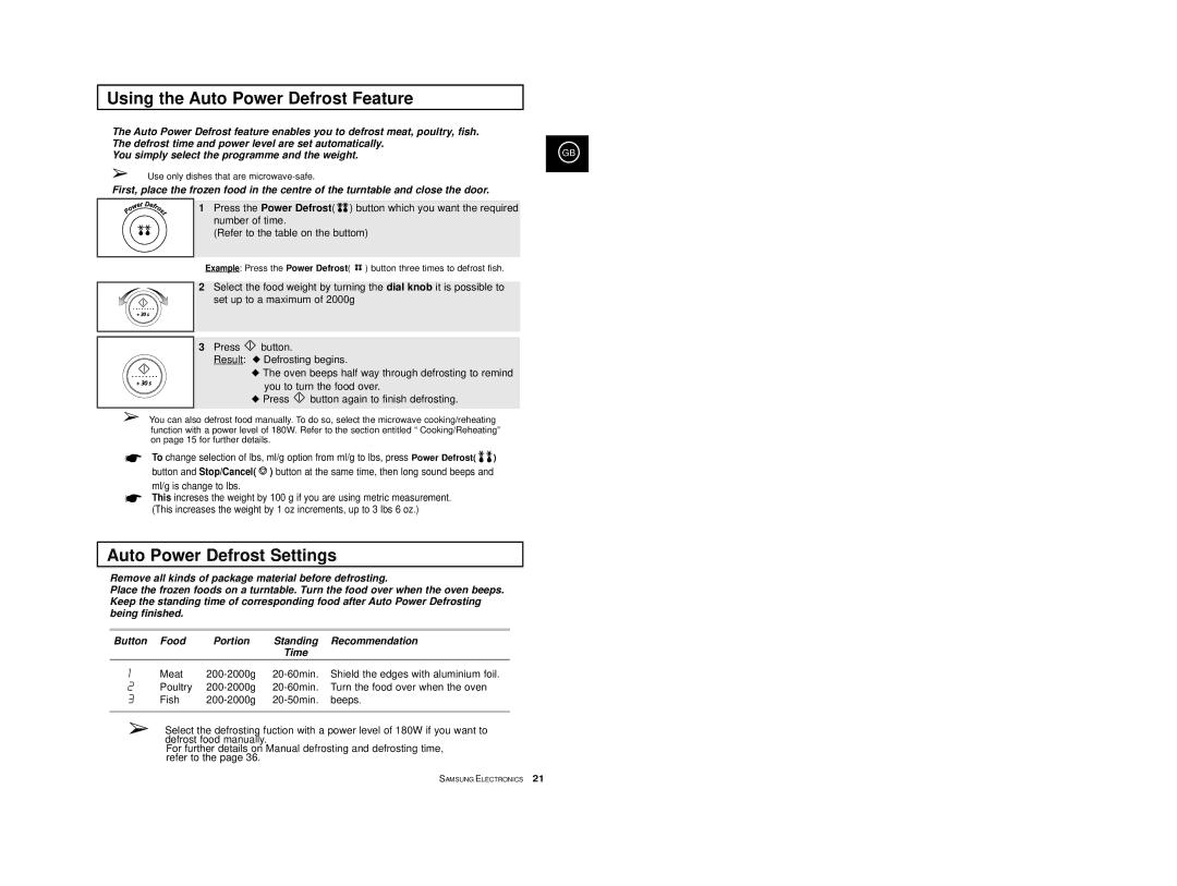 Samsung CE2977/XEF, CE2977T/XEF, CE2977T-S/XEF, CE2977/XET Using the Auto Power Defrost Feature, Auto Power Defrost Settings 