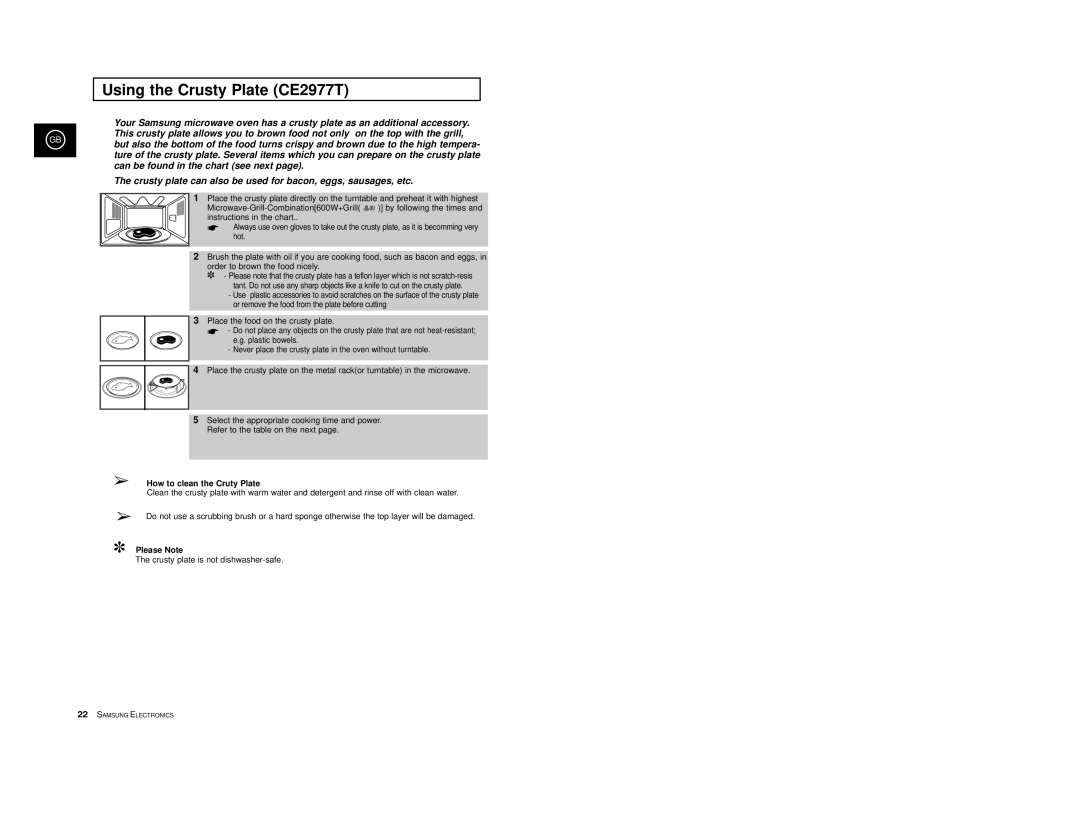 Samsung CE2977T-S/XEF, CE2977T/XEF, CE2977/XEF Using the Crusty Plate CE2977T, How to clean the Cruty Plate, Please Note 