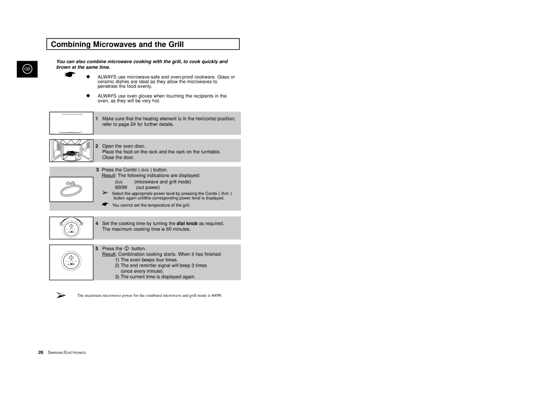 Samsung CE2977/XEF, CE2977T/XEF, CE2977T-S/XEF, CE2977/XET manual Combining Microwaves and the Grill, Brown at the same time 
