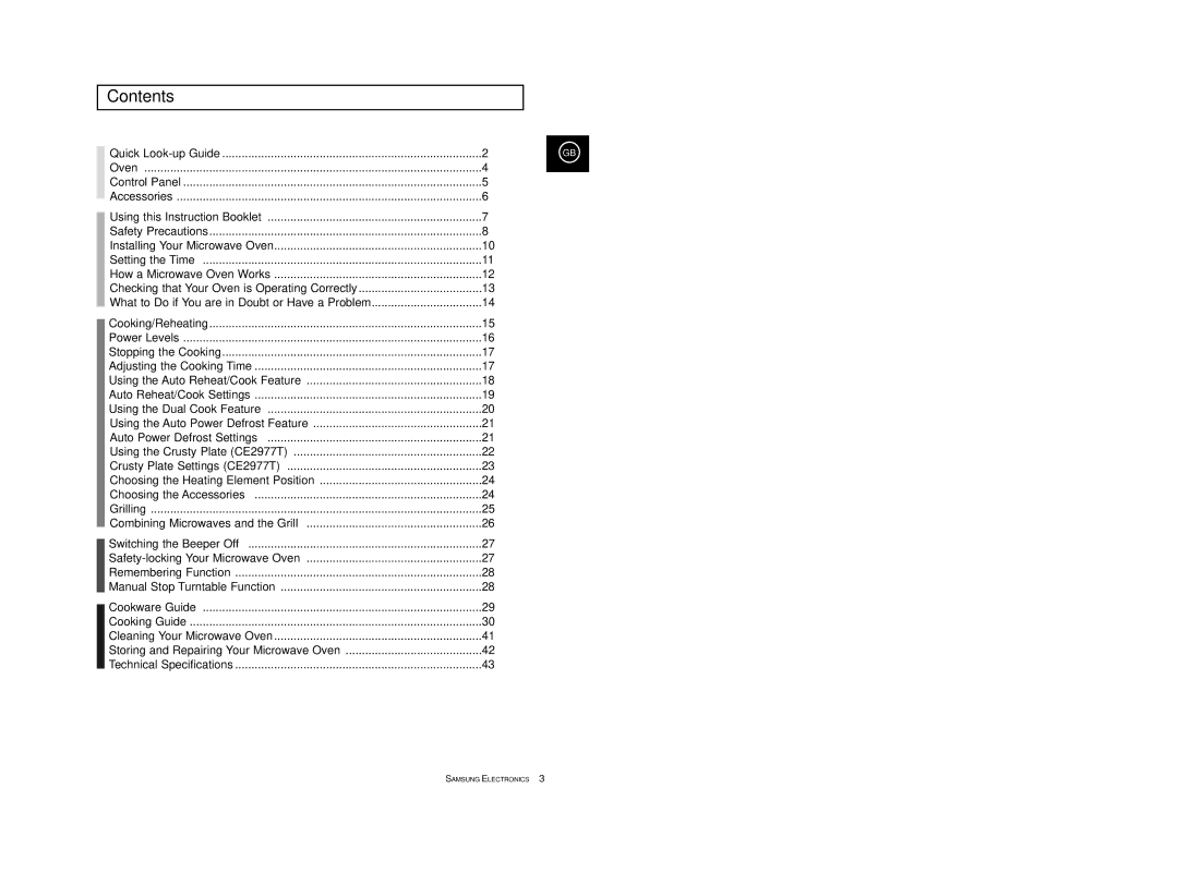 Samsung CE2977/XET, CE2977T/XEF, CE2977/XEF, CE2977T-S/XEF, CE2977T/XEH manual Contents 