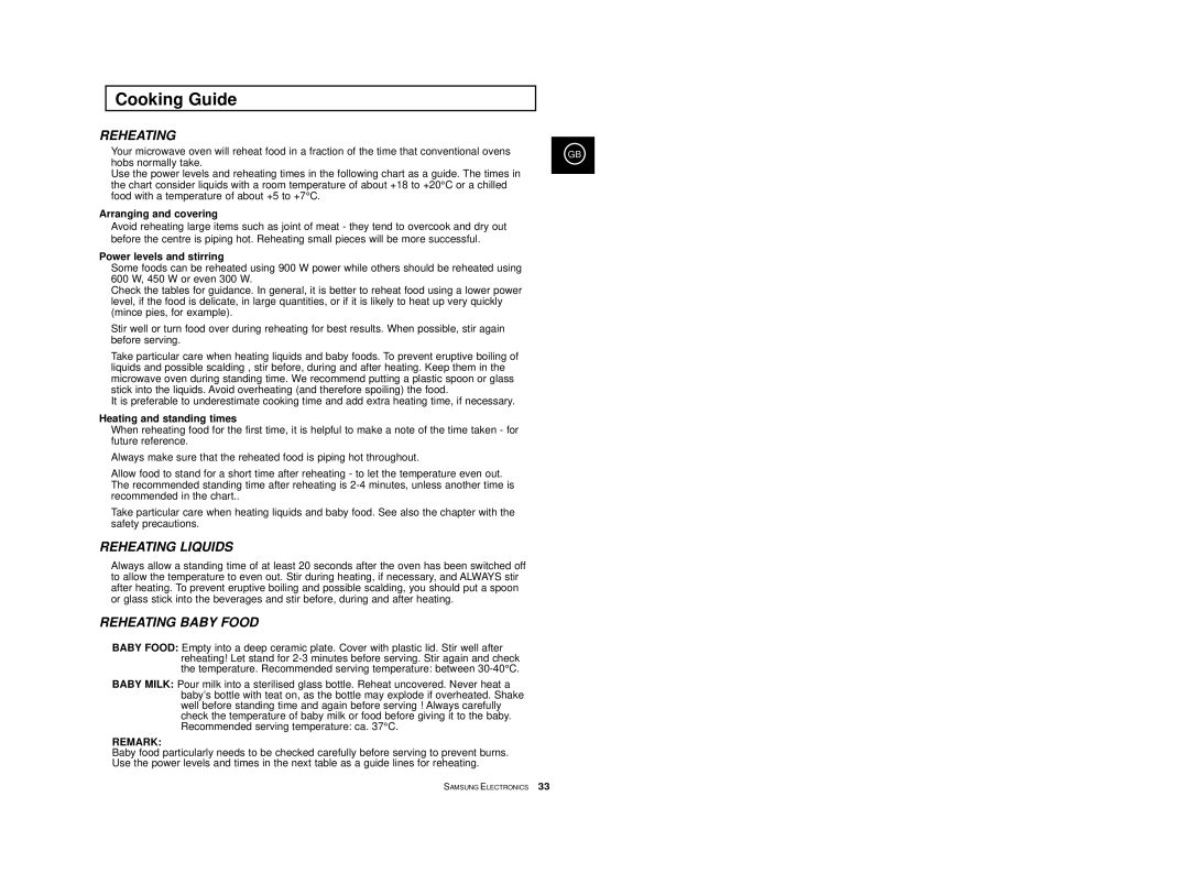 Samsung CE2977/XET, CE2977T/XEF, CE2977/XEF Arranging and covering, Power levels and stirring, Heating and standing times 