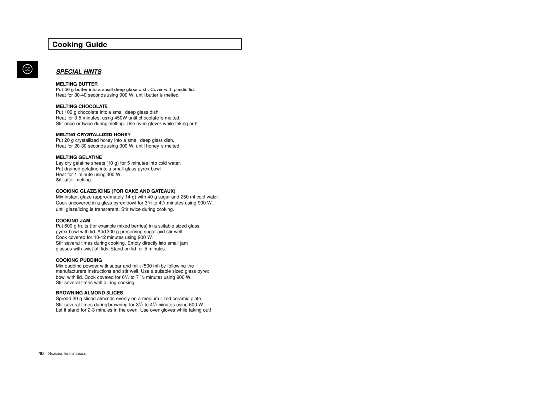 Samsung CE2977T/XEF, CE2977/XEF, CE2977T-S/XEF, CE2977/XET, CE2977T/XEH manual Special Hints 