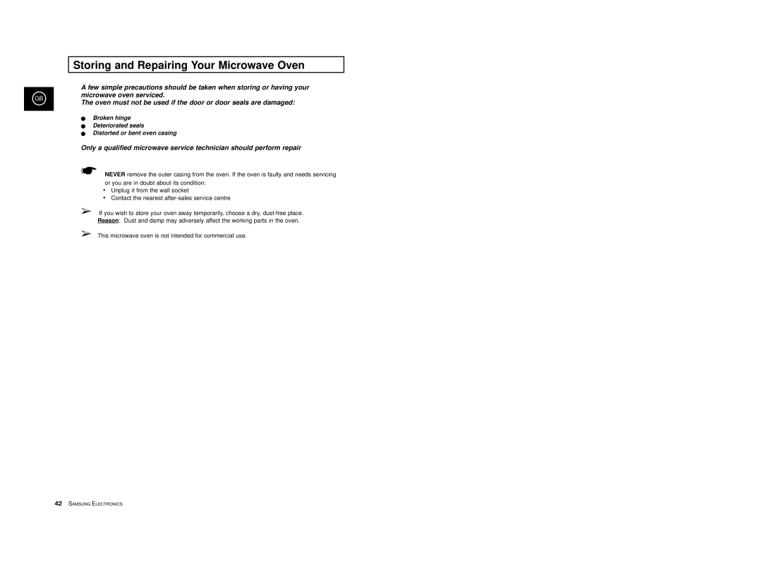 Samsung CE2977T-S/XEF, CE2977T/XEF, CE2977/XEF, CE2977/XET, CE2977T/XEH manual Storing and Repairing Your Microwave Oven 