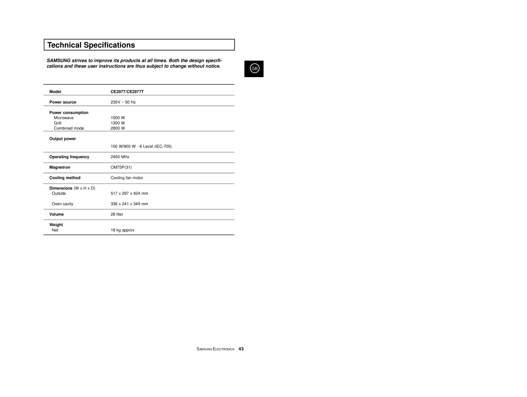 Samsung CE2977/XET, CE2977T/XEF, CE2977/XEF, CE2977T-S/XEF, CE2977T/XEH manual Technical Specifications 