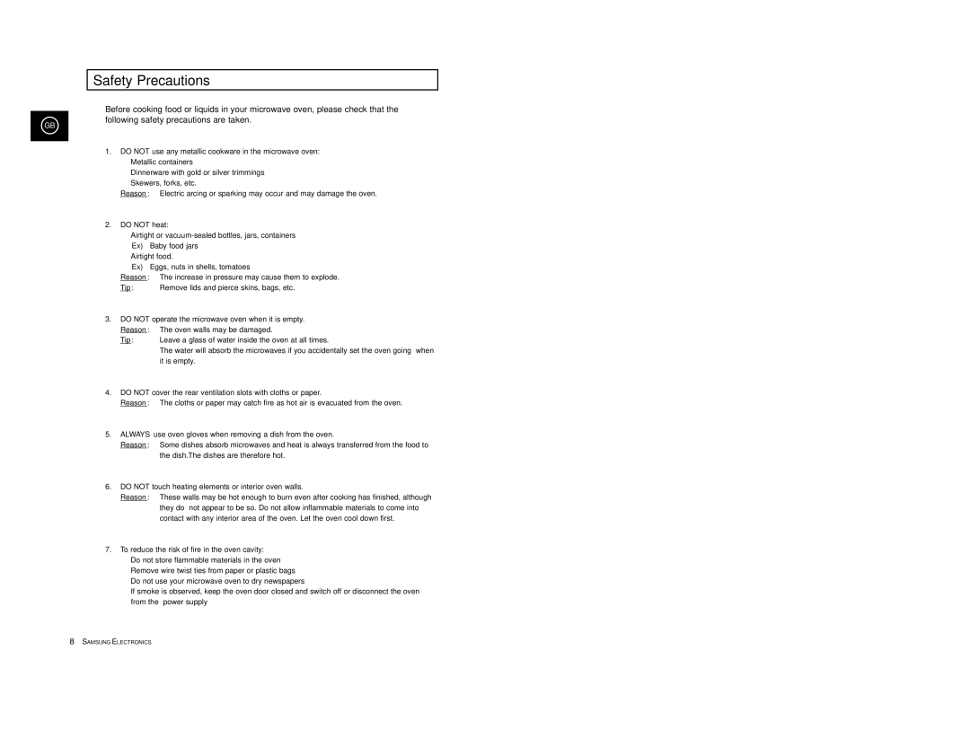 Samsung CE2977/XET, CE2977T/XEF, CE2977/XEF, CE2977T-S/XEF, CE2977T/XEH manual Safety Precautions, Do not heat, Reason, Tip 