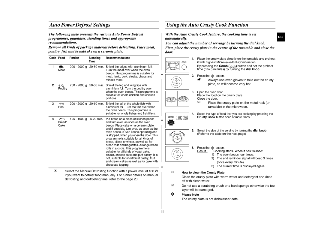 Samsung CE297DL Auto Power Defrost Settings, Using the Auto Crusty Cook Function, How to clean the Crusty Plate 