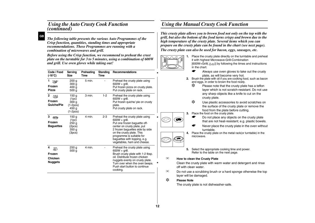 Samsung CE297DL technical specifications Using the Manual Crusty Cook Function, Pizza, Quiche/Pie, Baguettes, Nuggets 