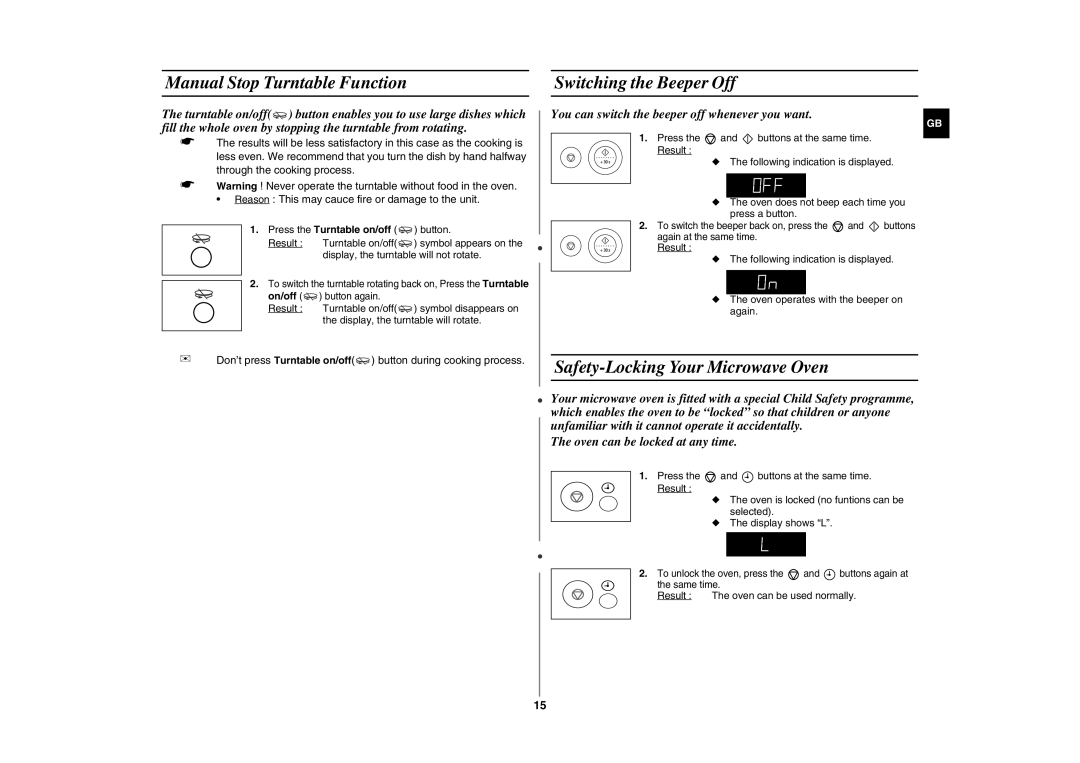 Samsung CE297DL Manual Stop Turntable Function, Switching the Beeper Off, Safety-Locking Your Microwave Oven 