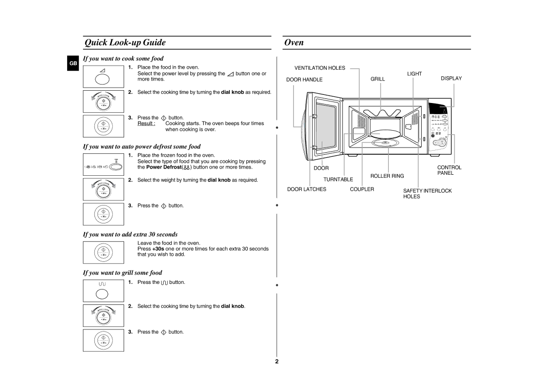 Samsung CE297DL technical specifications Quick Look-up Guide, Oven, Place the frozen food in the oven, Press the button 